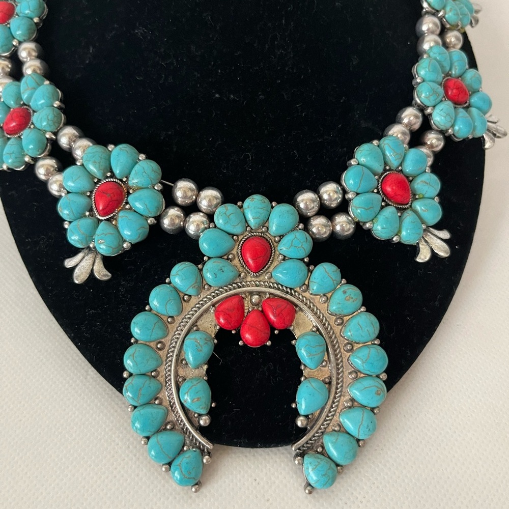 Squash Blossom Faux Turquoise Necklace & Earrings Set - Picture 3 of 4
